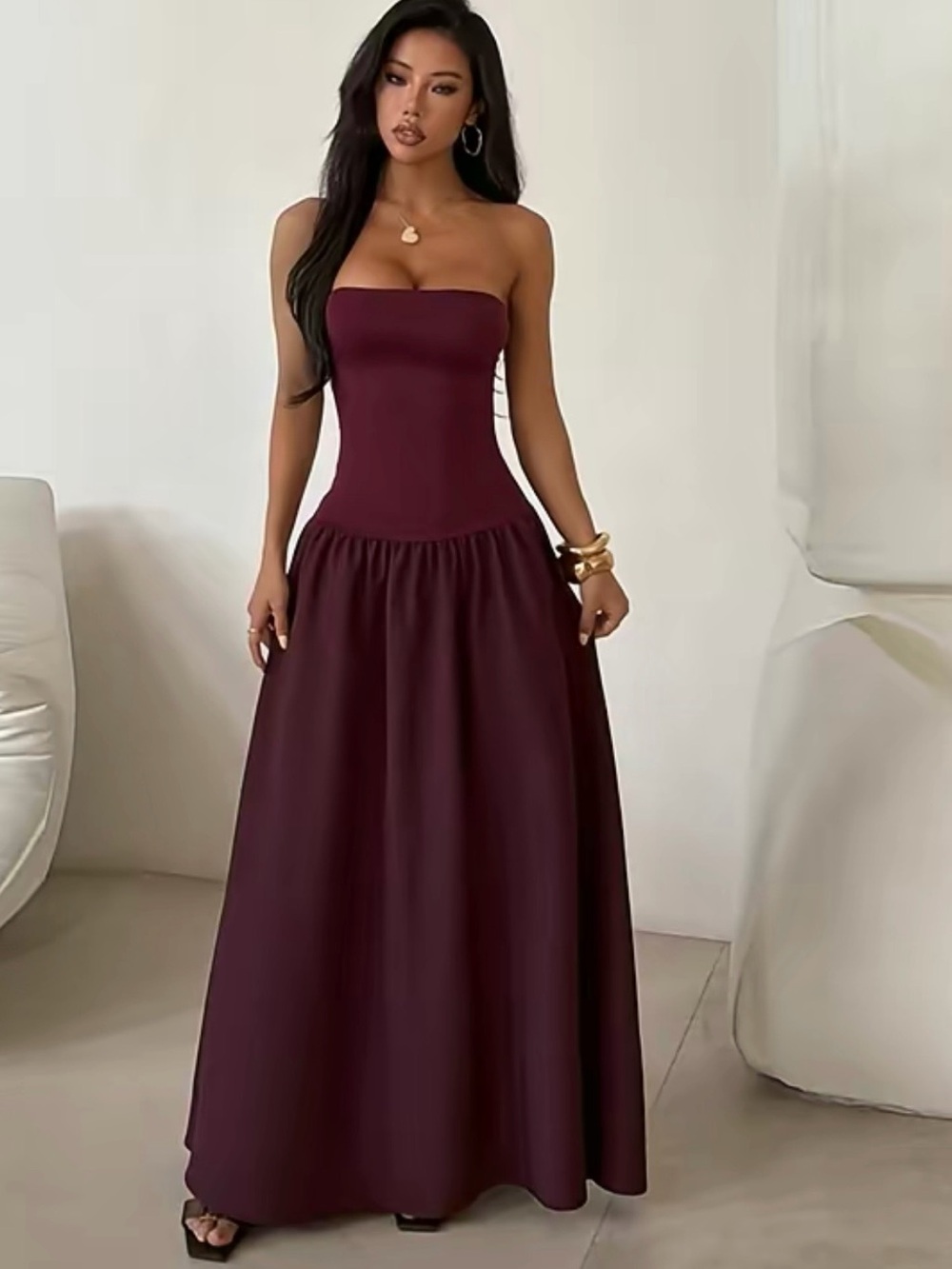 Burgundy Strapless Drop-Waist Dress